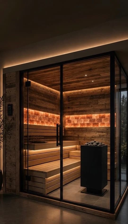 Innen-Sauna hinter raumhoher Glasfront: dunkle Holzverkleidung, hinterleuchtete Salzsteinwand, indirektes Licht unter den Bänken und schwarzer Saunaofen